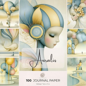 May include: A set of art prints with whimsical illustrations in pastel shades. The prints depict a woman with a decorative headpiece, a whale, and a lighthouse. The text "Auralis" and "100 Journal Paper" are visible, with dimensions of 8.5 x 11 inches.