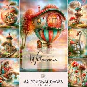 Puede incluir: Un collage digital de ilustraciones de fantasía que presenta una casa en globo aerostático, un cisne con crías y varias viviendas. La imagen central muestra el texto Willowmere, 52 JOURNAL PAGES y 300dpi * 8.5 x 11 pulgadas.