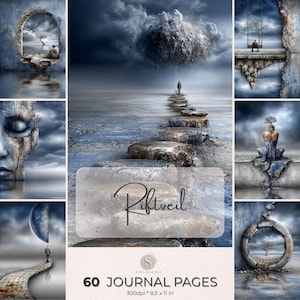 May include: A digital collection of 60 journal pages titled Riftveil, featuring surreal, moody landscapes with cracked stone textures, solitary figures, and stormy skies. The pages measure 8.5 by 11 inches at 300dpi resolution.