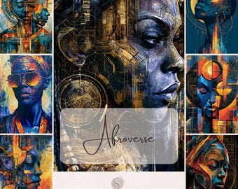 Afroverse Junk Journal Pages, Afrofuturist Abstract Portrait Art, Futuristic Sci Fi Printable Scrapbook Paper