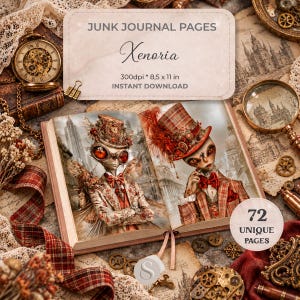Peut inclure: Un ensemble de pages de journal créatif numérique intitulé Xenoria, comprenant 72 pages uniques en 300dpi et 21,59 x 27,94 cm. L'imagerie montre deux personnages extraterrestres en tenue formelle et haut-de-forme, entourés d'horloges et d'engrenages.