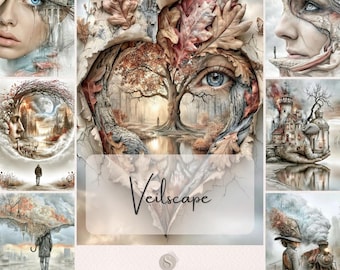 Veilscape Junk Journal Pages, Surreal Autumn Portrait Printable Paper, Moody Landscape Scrapbook Kit
