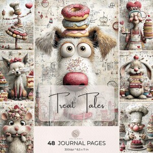 May include: A charming illustration of anthropomorphic animals in a bakery. A dog with donuts on its head is the central figure. The image includes the text "Treat Tales" and "48 Journal Pages, 8.5 x 11 in."