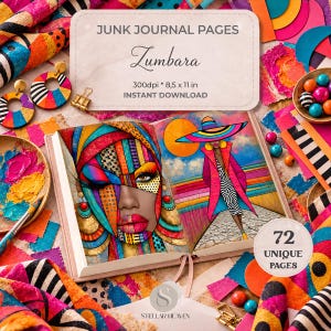 Peut inclure: Un kit de journal créatif numérique intitulé JUNK JOURNAL PAGES Zumbara 300dpi 8,5 x 11 in. L'ensemble comprend 72 pages uniques avec des illustrations colorées d'une personne portant une coiffe à motifs et une silhouette au chapeau large.