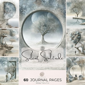 Könnte beinhalten: Eine Sammlung von 60 Tagebuchseiten mit dem Titel Silent Solitude, die surreale, atmosphärische Illustrationen von einsamen Figuren, kahlen Bäumen, großen Monden und kreisförmigen architektonischen Elementen in einer gedämpften blau-grau-weißen Farbpalette zeigen.