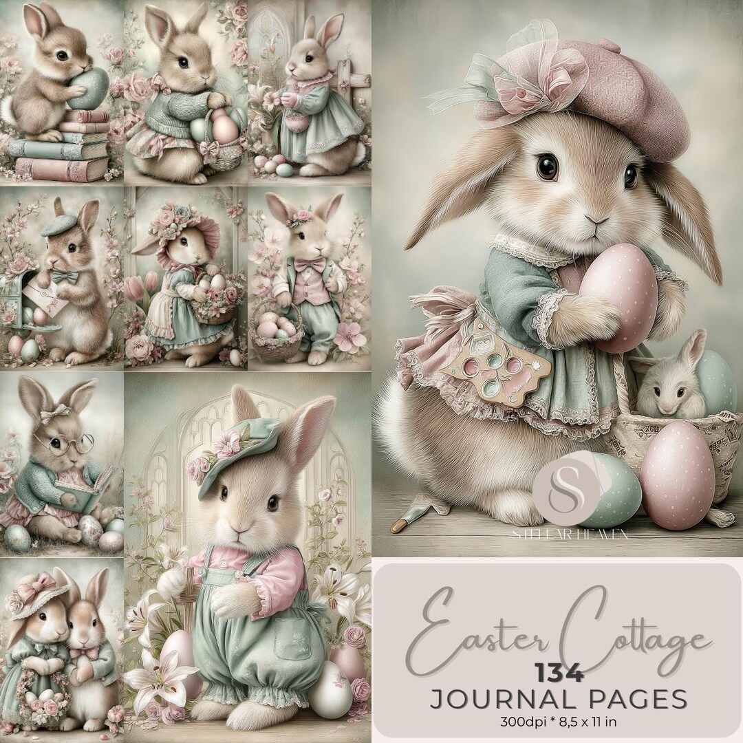 Easter Cottage Bunny Junk Journal Pages, Shabby Chic Spring Printable ...