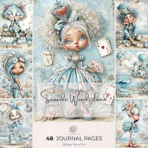 Puede incluir: Un collage de ilustraciones caprichosas en tonos azules y blancos. La imagen central presenta una figura de muñeca con un vestido azul. El texto "Seaside Wonderland" y "48 Journal Pages" son visibles.