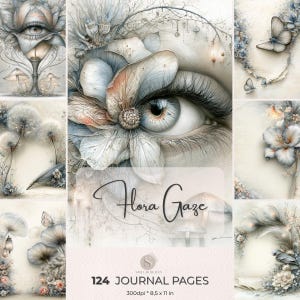 May include: A digital art print featuring a detailed eye with floral elements. The image has a soft, pastel color palette with the text "Flora Gaze" and "124 Journal Pages". The print is 8.5 x 11 inches.