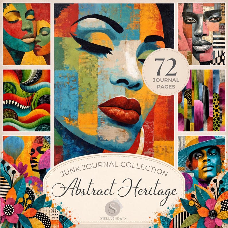 Abstract Heritage Junk Journal Pages, Colorful Woman Portrait Printable Paper, Geometric Collage Scrapbook Kit Digital Download