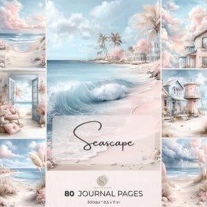 May include: A pastel-toned collage of beach scenes. The central image shows a wave breaking on a sandy shore with the word "Seascape". The journal has 80 pages and measures 21.6 x 27.9 cm.