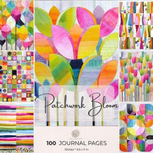 Może przedstawiać: Dziennik zatytułowany "Patchwork Bloom" z kolorowymi abstrakcyjnymi wzorami kwiatowymi. Okładka przedstawia duży, stylizowany kwiat w odcieniach różu, żółci, pomarańczy i zieleni. Dziennik zawiera 100 stron i mierzy 21,6 x 27,9 cm.