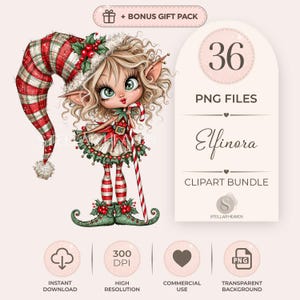 Puede incluir: Una ilustración digital de un personaje elfo rubio con un gorro largo de cuadros rojos y verdes, un vestido con detalles de acebo y medias a rayas, sosteniendo un bastón de caramelo. El texto dice 36 PNG FILES, Elfinora y CLIPART BUNDLE.