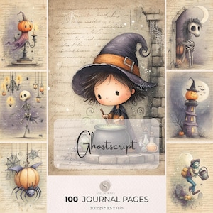 Puede incluir: Una colección digital de 100 páginas de diario con ilustraciones de Halloween que incluyen una bruja, un esqueleto, una araña calabaza, un caballo, una torre y un zombi. Aparece el texto Ghostscript y 100 JOURNAL PAGES 300dpi 8,5 x 11 in.