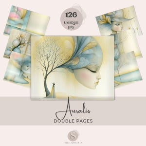 May include: Auralis double pages digital art print, depicting a woman with closed eyes and flowing hair in yellow, blue, and pink hues. The image includes the text "126 UNIQUE JPG" and the Stellar Heaven logo.