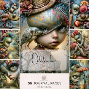 May include: A digital art collection titled Oddwhim featuring 56 journal pages with surreal illustrations of large-eyed characters, birds, and colorful creatures. The text Oddwhim and 56 JOURNAL PAGES 300dpi 8.5 x 11 in are clearly visible.