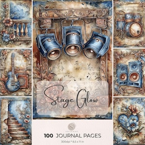 Puede incluir: Ilustración al estilo acuarela con instrumentos musicales y elementos de escenario. La imagen incluye una guitarra, una batería y focos, con el texto "Stage Glow" y "100 Journal Pages". Paleta de colores: azules, marrones y detalles florales.