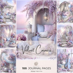 May include: A collage of images featuring a soft, pastel color palette. The images showcase romantic scenes with floral arrangements, gazebos, and decorative lanterns. The text "Velvet Corners" and "100 Journal Pages" are visible. The pages measure 8.5 x 11 inches.