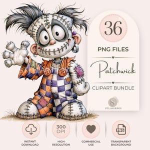 May include: A cartoon doll with messy dark hair, stitched skin, and large eyes, wearing a checkered orange and purple jumpsuit with patches. The image includes text reading 36 PNG FILES, Patchwick CLIPART BUNDLE, 300 DPI, INSTANT DOWNLOAD, and COMMERCIAL USE.