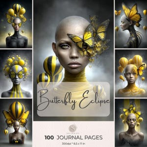 Puede incluir: Una colección de impresiones artísticas digitales con retratos estilizados de figuras adornadas con motivos de mariposas y globos amarillos. El texto "Butterfly Eclipse" y "100 Journal Pages" son visibles. Las páginas del diario miden 21,59 cm x 27,94 cm.