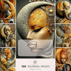 May include: A digital collage of artistic portraits featuring figures adorned with golden crescent moon motifs and intricate jewelry. The central image displays the text Soluna, while the bottom includes the text 100 JOURNAL PAGES 300dpi 8.5 x 11 in.