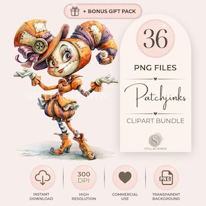 Może przedstawiać: Cyfrowa ilustracja lalki z przeszytymi rysami twarzy, ubrana w pomarańczowo-fioletowy strój i czapkę błazna. Tekst głosi 36 PNG FILES Patchjinks CLIPART BUNDLE, wraz z ikoną dodatkowego pakietu prezentowego.