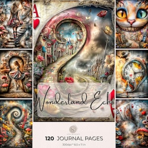 Alice im Wunderland Junk Journal Seiten, Wonderland Poster Kit, Surreal Storybook Scrapbook Papier, Fantasy Ephemera Pack