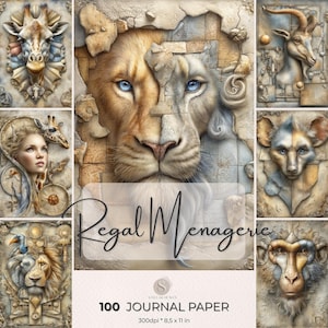 Páginas para diario de arte Regal Menagerie, papeles imprimibles de animales de safari, kit de diario de vida silvestre vintage, descarga digital