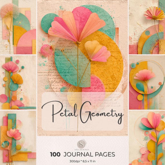 Abstract Floral Junk Journal Pages, Geometric Printable Kit, Modern Scrapbook Paper, Boho Colorful Journal Pages, Artistic Ephemera Pack