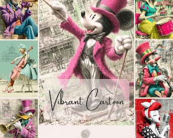 May include: A collage of vibrant cartoon illustrations featuring characters playing musical instruments. The central image showcases Mickey Mouse in a pink coat and top hat. The text reads "Vibrant Cartoon" and "100 Journal Pages".