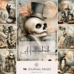 Puede incluir: Un collage digital de 78 páginas de diario con ilustraciones góticas de una calavera con sombrero de copa, un gato negro, una mansión encantada y figuras con ropa vintage bajo una luna llena, con el texto Hallowhush y 78 journal pages 21,59 x 27,94 cm.