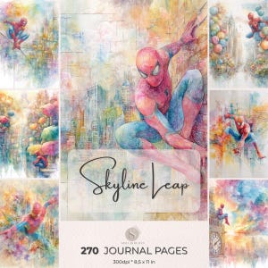 Peut inclure: Un journal avec une illustration à l'aquarelle de Spider-Man dans un paysage urbain. La couverture porte le texte "Skyline Leap" et le journal contient 270 pages. Le journal mesure 21,6 x 27,9 cm.