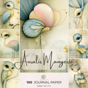 May include: A collection of whimsical illustrations in pastel shades, including birds, a butterfly, and a rabbit. The text reads "Auralis Mangerie", with "100 Journal Paper" and dimensions of 21.6 x 27.9 cm.