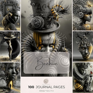 Könnte beinhalten: Eine digitale Kunstcollage mit surrealen Porträts in Schwarz, Grau und Gelb, die Zylinder, mechanische Elemente und Insektenmotive enthält. Der Text Beehive und 100 JOURNAL PAGES 300dpi * 8,5 x 11 in ist deutlich zu sehen.