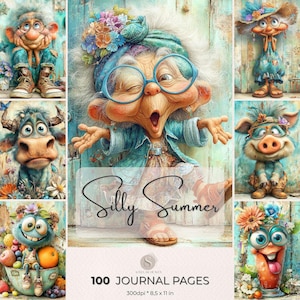 Op de afbeelding: Een grillige collage met cartoonpersonages met overdreven kenmerken. De centrale afbeelding toont een personage met een grote bril en een bloemenhoofddeksel. De tekst "Silly Summer" en "100 Journal Pages" zijn ook zichtbaar. Het tijdschrift is 21,6 x 27,9 cm groot.