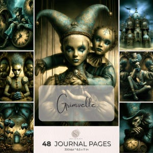Grimvelle Junk Journal Pages, Gothic Jester Printable Papers, Dark Carnival Fantasy Scrapbook Digital Download