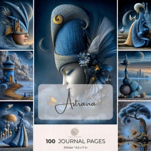 Puede incluir: Una colección de 100 páginas de diario tituladas Astravia, con ilustraciones digitales de figuras con tocados azules y dorados, paisajes celestiales, lunas y castillos. Las páginas miden 8.5 por 11 pulgadas y están a 300 dpi.
