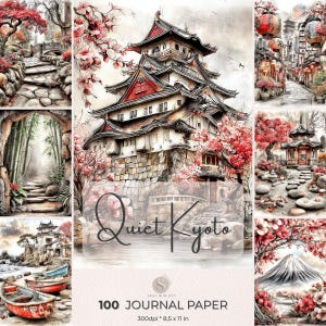 Puede incluir: Un collage de ilustraciones en acuarela con escenas japonesas. La imagen central muestra una pagoda de varios niveles con detalles en rojo, rodeada de flores de cerezo. Otras imágenes incluyen un camino de piedra, botes y una montaña.
