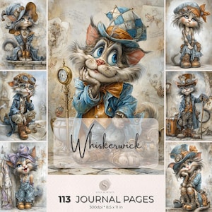 May include: A digital collection of 113 journal pages featuring whimsical cat illustrations in steampunk attire, including hats, goggles, and vests. The text 'Whiskerwick' and '113 JOURNAL PAGES 300dpi 8.5 x 11 in' is clearly visible on the cover image.
