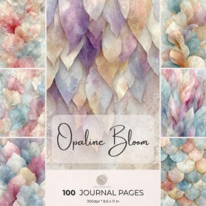 May include: A journal cover with the title "Opaline Bloom" and the text "100 Journal Pages". The design features watercolor-style illustrations of layered, pastel-colored leaf-like shapes in shades of pink, purple, and beige. The journal measures 8.5 x 11 inches.