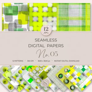 Seamless Digital Papers No. 05, Lime Green Geometric Pattern Pack, Abstract Scrapbook Paper