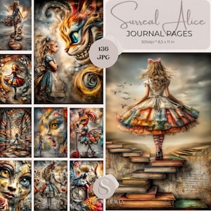 Puede incluir: Una colección de páginas de diario surrealistas de Alicia en el país de las maravillas. Las imágenes presentan ilustraciones vibrantes de Alicia, el Gato de Cheshire y otros personajes. La obra de arte es colorida y caprichosa, con una cualidad onírica. El texto de la imagen dice "Surreal Alice Journal Pages".