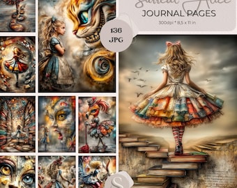Może przedstawiać: Kolekcja surrealistycznych stron dziennika Alicji w Krainie Czarów. Obrazy przedstawiają żywe ilustracje Alicji, Kota z Cheshire i innych postaci. Grafika jest kolorowa i fantazyjna, o marzycielskiej jakości. Tekst na obrazie brzmi "Surreal Alice Journal Pages".