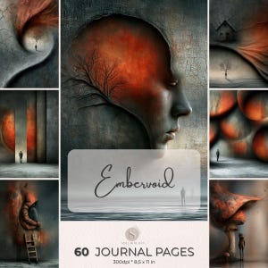 Op de afbeelding: Een digitale collage van surrealistische kunstwerken met een menselijk profiel, abstracte landschappen en figuren in rode, grijze en zwarte tinten. De tekst luidt Embervoid, 60 JOURNAL PAGES, 300dpi, 21,59 x 27,94 cm. Bevat bomen en bollen.