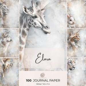 May include: A journal with a watercolor design featuring a giraffe, lion, wolf, elephant, rabbit, cat, and leopard. The journal cover has the name "Elara" in cursive script and the text "100 Journal Paper" with dimensions of 8.5 x 11 inches.