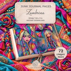 Può includere: Un libro aperto che mostra illustrazioni colorate di un personaggio con capelli lunghi, intitolato JUNK JOURNAL PAGES Zambrina 300dpi * 8,5 x 11 in INSTANT DOWNLOAD. Le pagine presentano motivi vivaci e il testo 72 UNIQUE PAGES.