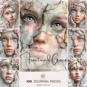 May include: A digital art print titled "Fractured Grace" featuring a collage of portraits with cracked, textured surfaces. The faces are adorned with pastel colors, butterflies, and floral accents. The journal pages are 8.5 x 11 inches.