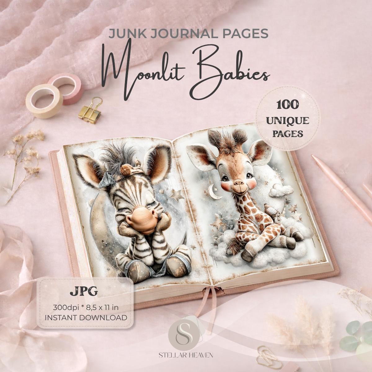 Moonlit Babies Junk Journal Pages, Cute Baby Animal Printable Papers, Nursery Journal Digital ...