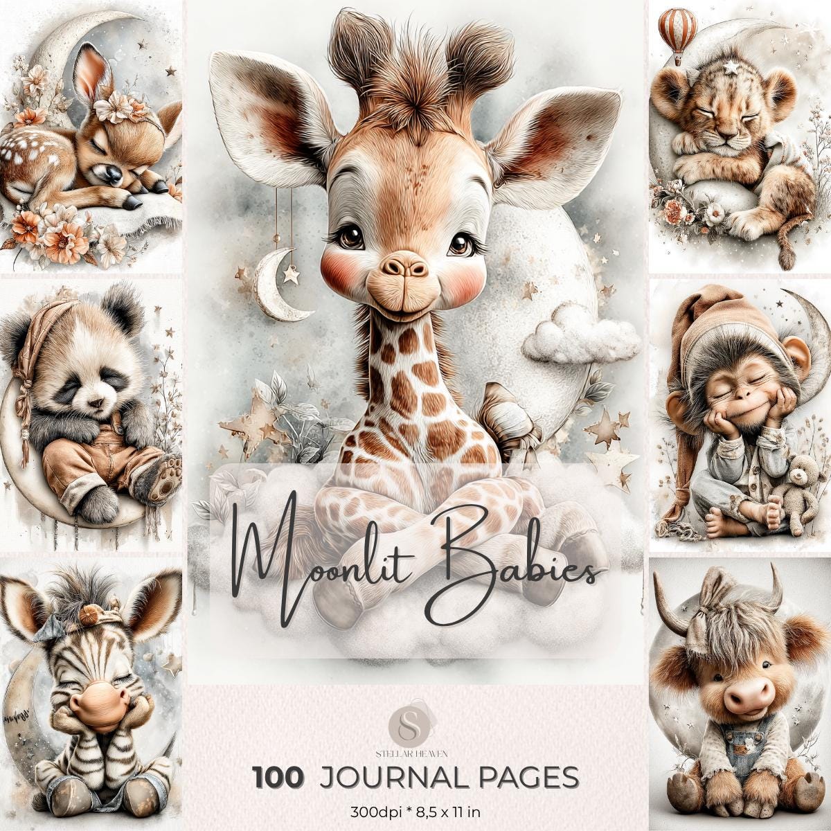 Moonlit Babies Junk Journal Pages, Cute Baby Animal Printable Papers, Nursery Journal Digital ...