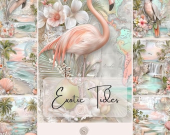 May include: A digital collage featuring a pink flamingo, dolphin, and parrot, with tropical flowers and beach scenes. The text "Exotic Tides" and "133 Journal Pages" are displayed. The pages measure 8.5 x 11 inches.