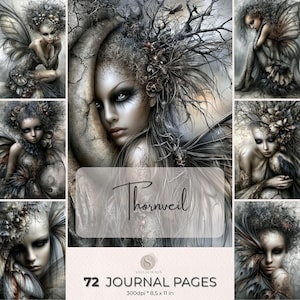 Peut inclure: Une collection d'art numérique intitulée Thornveil comprenant 72 pages de journal avec des illustrations de fées sombres et éthérées. Chaque page présente un portrait détaillé de fée aux ailes complexes et cheveux en branches, mesurant 21,6 par 27,9 cm.